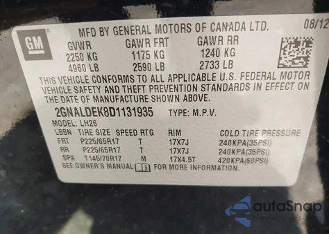 2013 Chevrolet Equinox 1Lt из США, поврежденный, VIN 2GNALDEK8D1131935